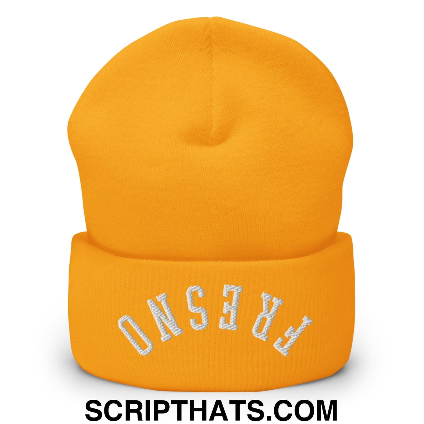 A vibrant orange knit beanie with fresno embroidered in white on the cuff in an upside down style