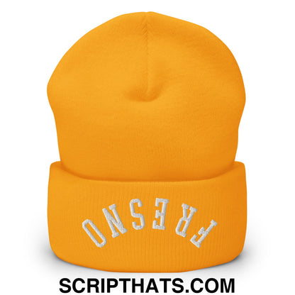 A vibrant orange knit beanie with fresno embroidered in white on the cuff in an upside down style