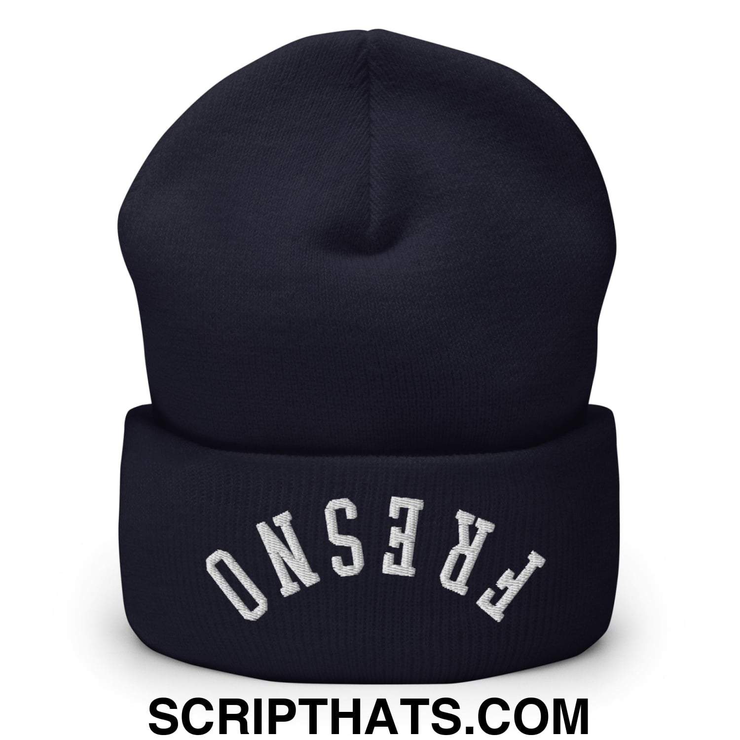 Navy blue knit cuffed beanie with white embroidered fresno arch on the front in upside down design