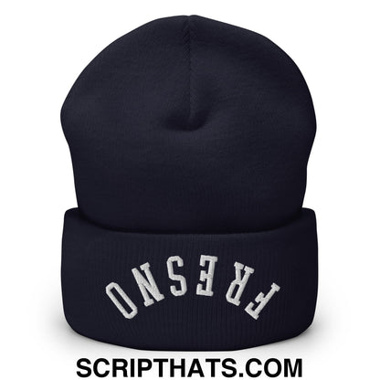 Navy blue knit cuffed beanie with white embroidered fresno arch on the front in upside down design