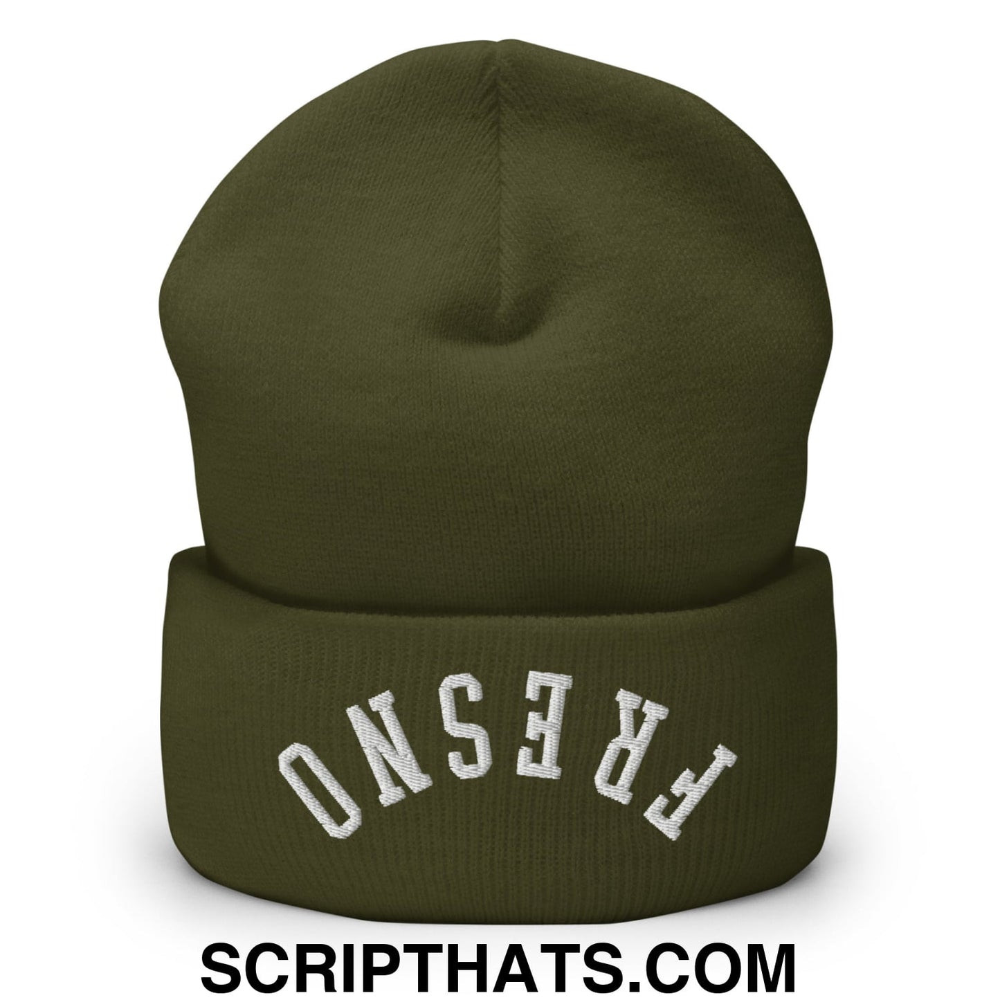 Olive green knit beanie with white frosted fresno embroidery on the cuff upside down embroidered cuffed knit beanie