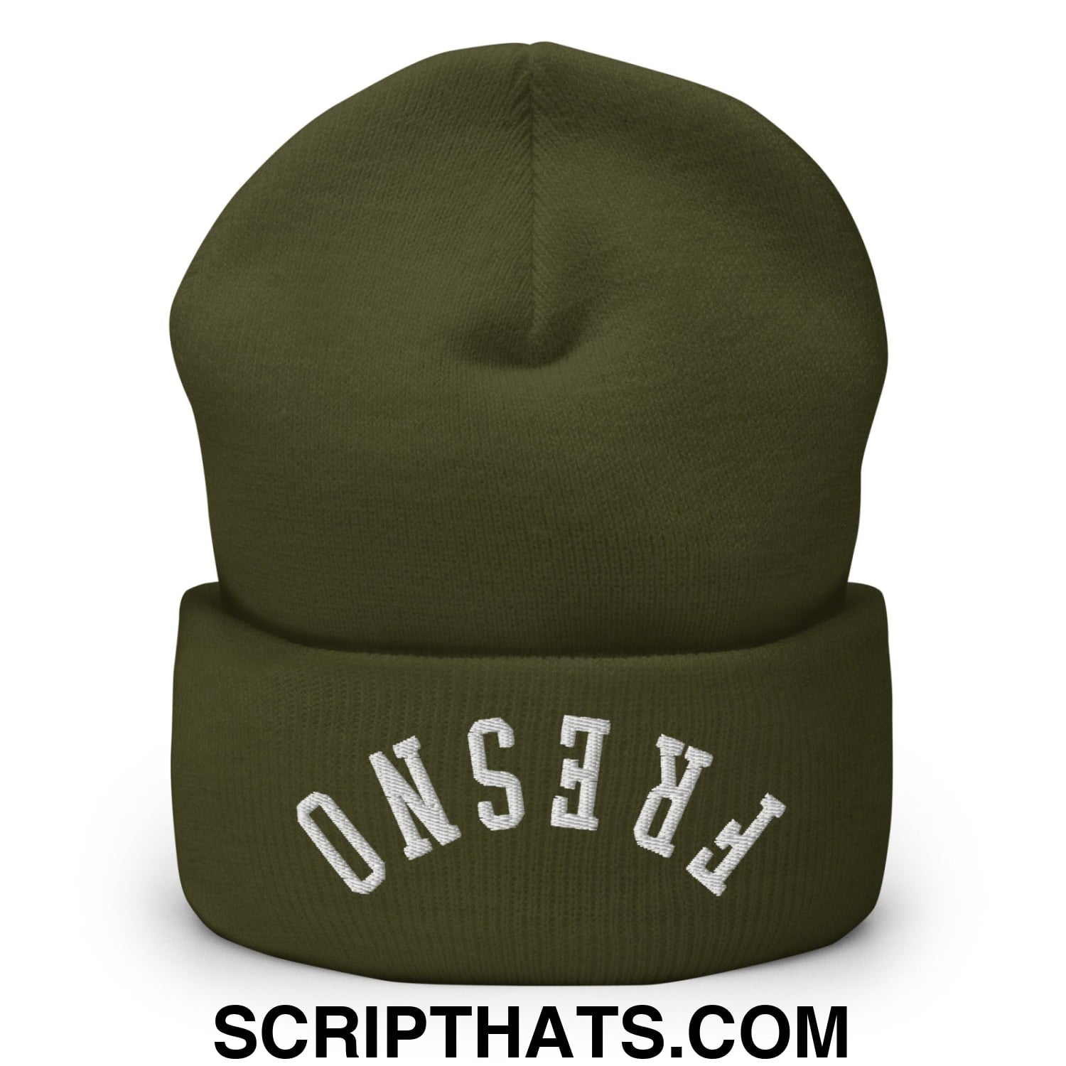 Olive green knit beanie with white frosted fresno embroidery on the cuff upside down embroidered cuffed knit beanie