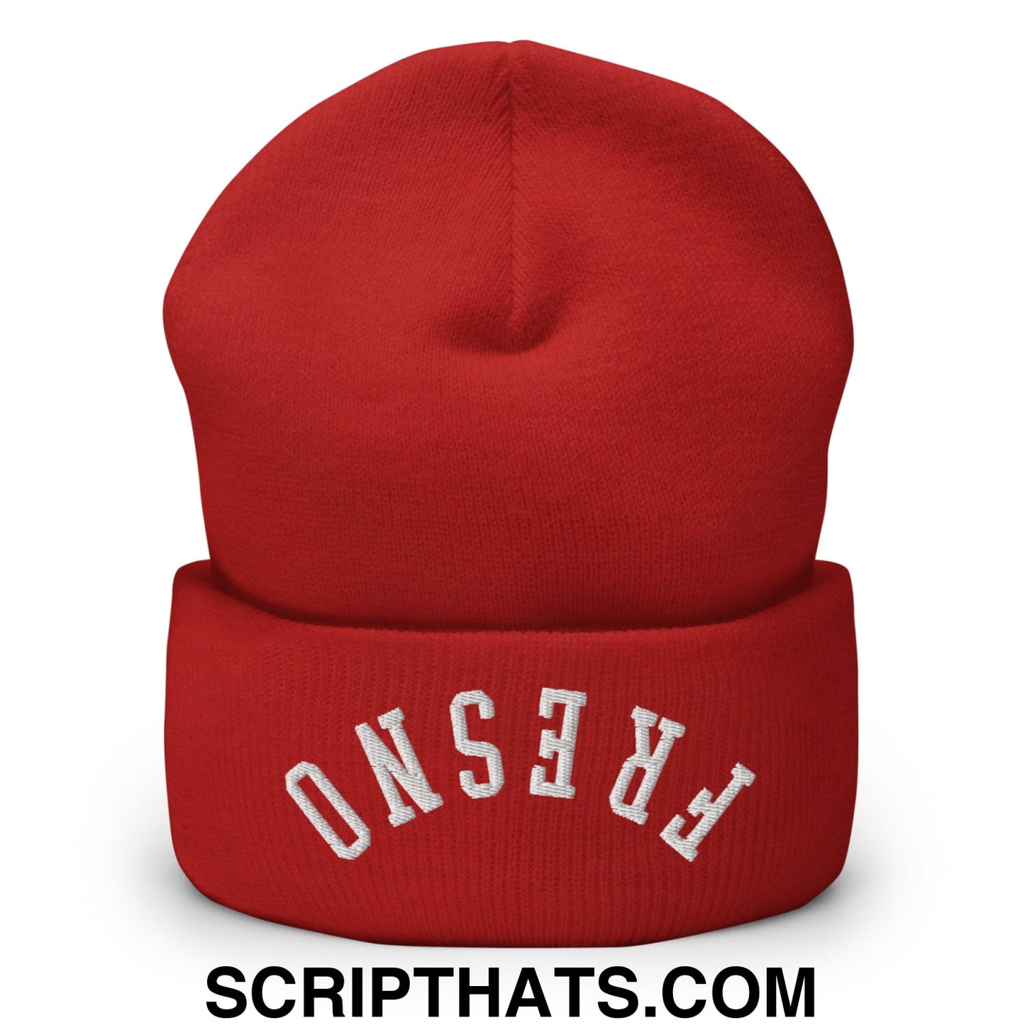 Red knit beanie with white embroidered fresno arch on folded cuff made of warm cuffed knit material