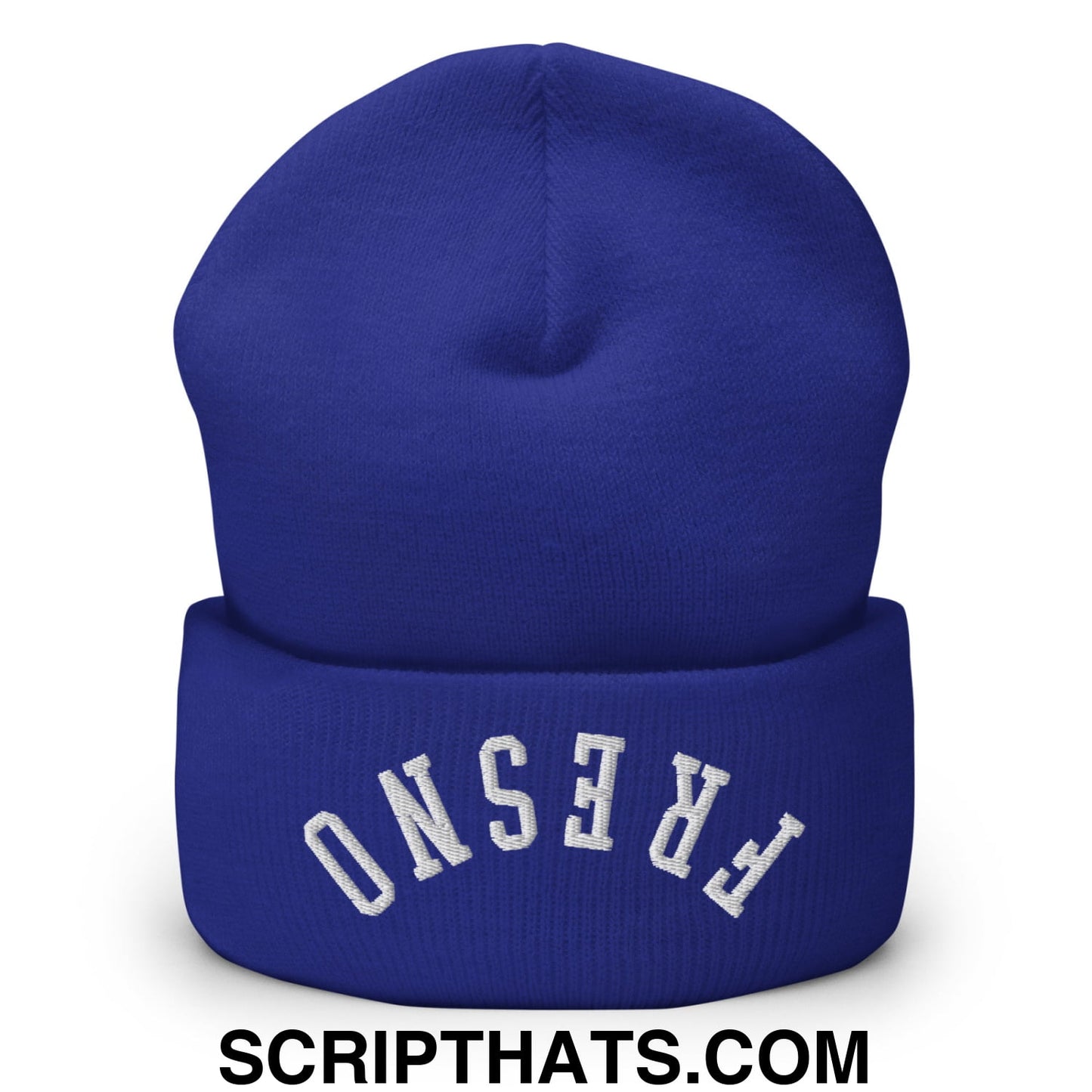 A royal blue knit beanie with white fresno embroidery on the cuff in an upside down style