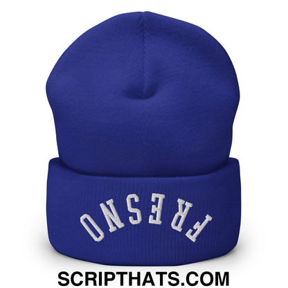 A royal blue knit beanie with white fresno embroidery on the cuff in an upside down style