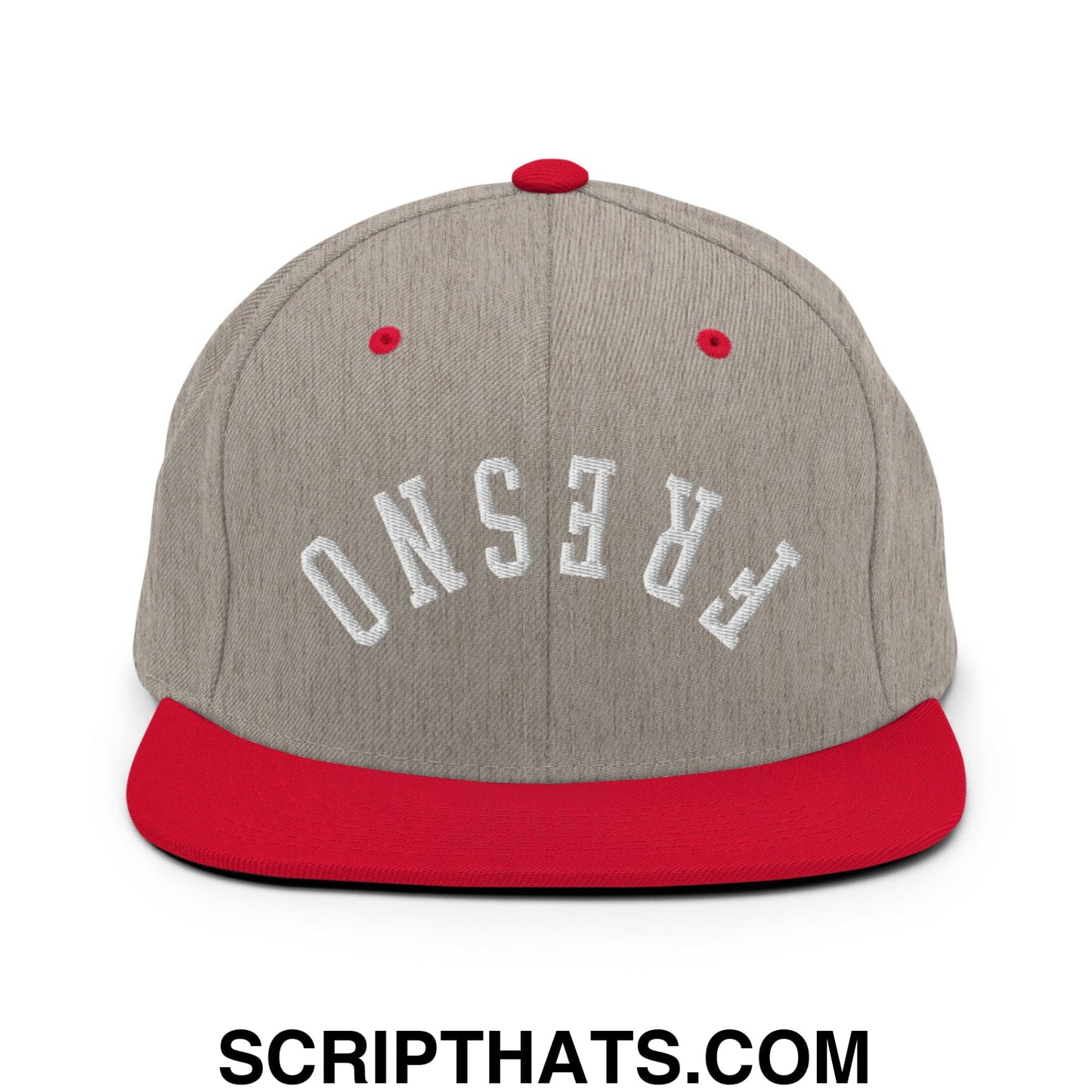 Upside Down Fresno Embroidered Flat Bill Brim Snapback Hat Heather Grey Red