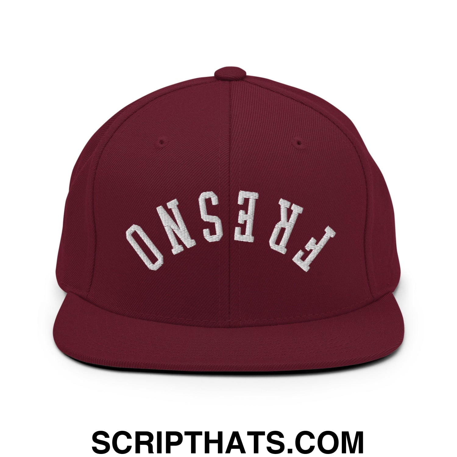 Upside Down Fresno Embroidered Flat Bill Brim Snapback Hat Maroon
