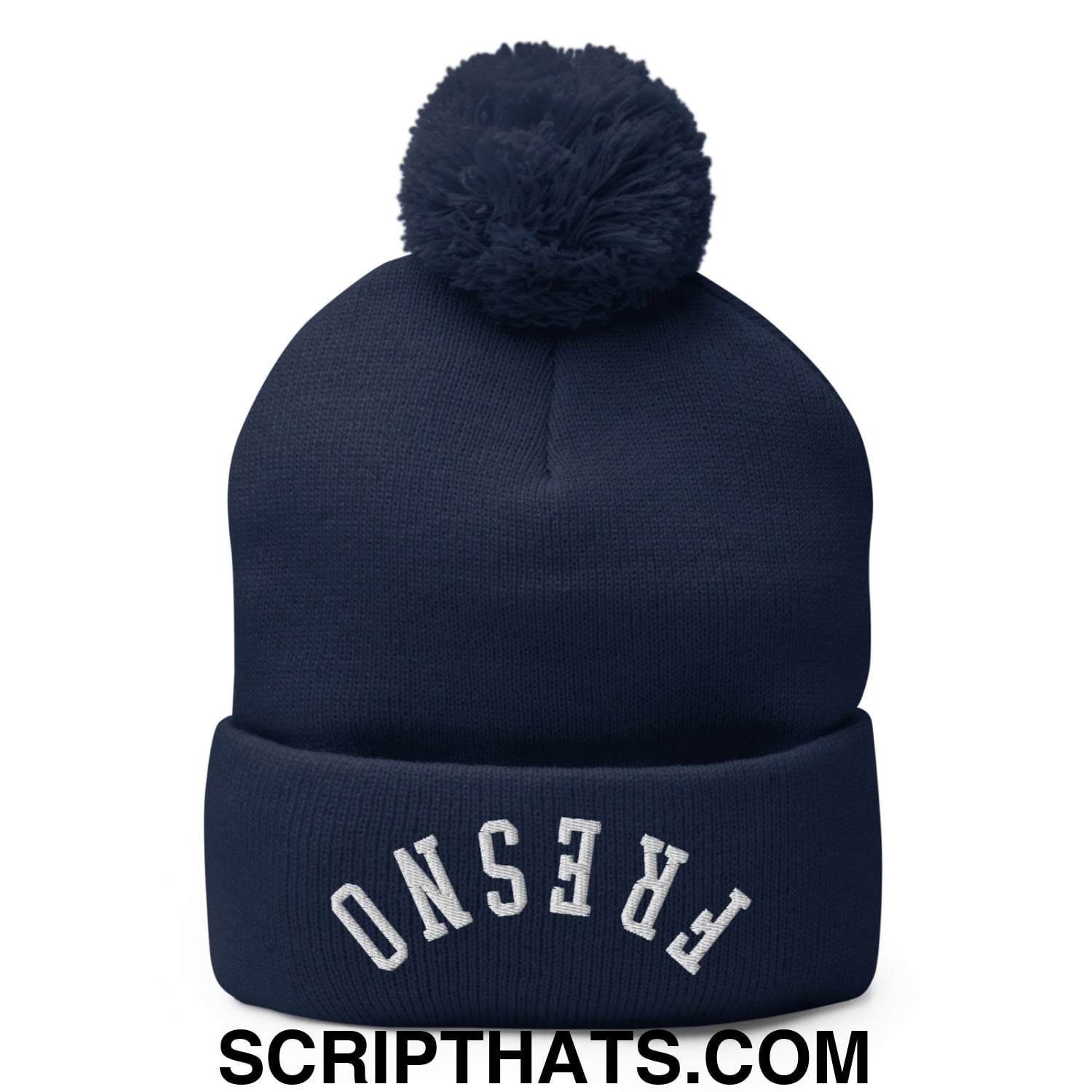 Upside Down Fresno Embroidered Pom Pom Knit Beanie Navy