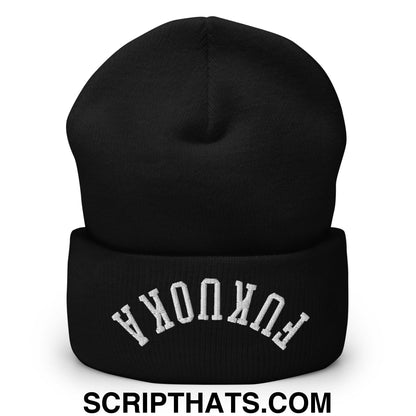 Upside Down Fukuoka Embroidered Cuffed Knit Beanie Black