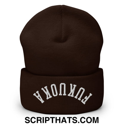 Upside Down Fukuoka Embroidered Cuffed Knit Beanie Brown