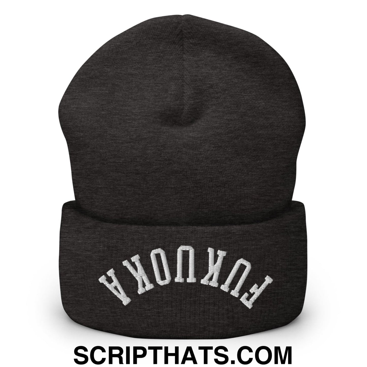 Upside Down Fukuoka Embroidered Cuffed Knit Beanie Dark Grey