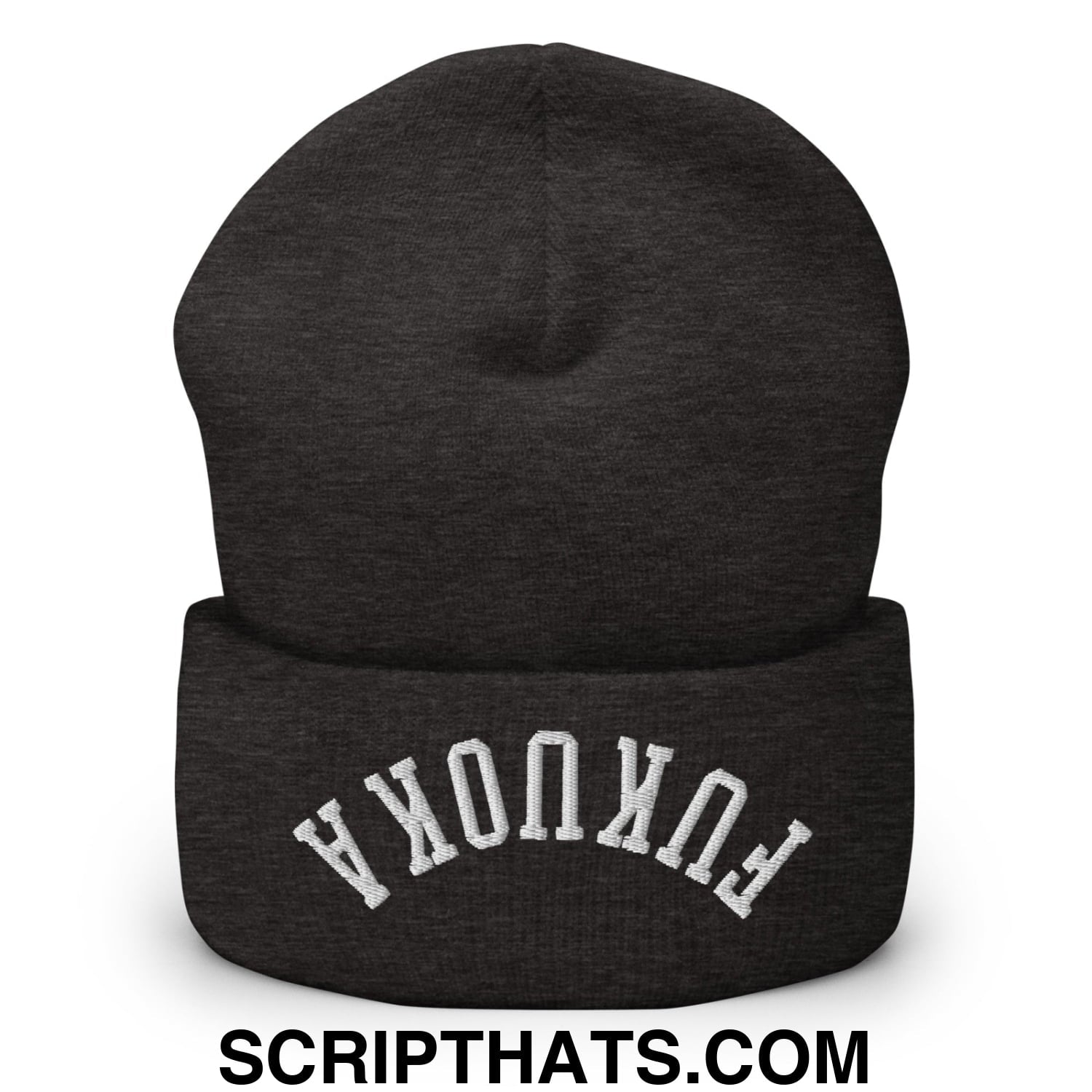 Upside Down Fukuoka Embroidered Cuffed Knit Beanie Dark Grey