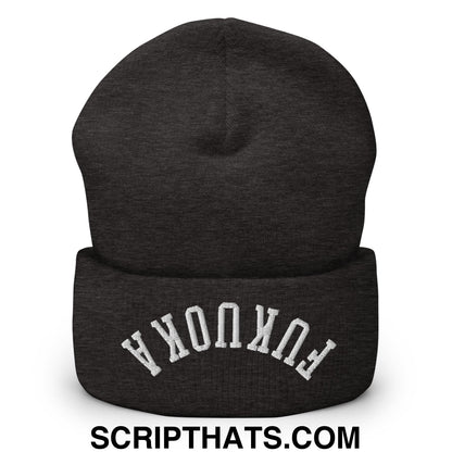 Upside Down Fukuoka Embroidered Cuffed Knit Beanie Dark Grey