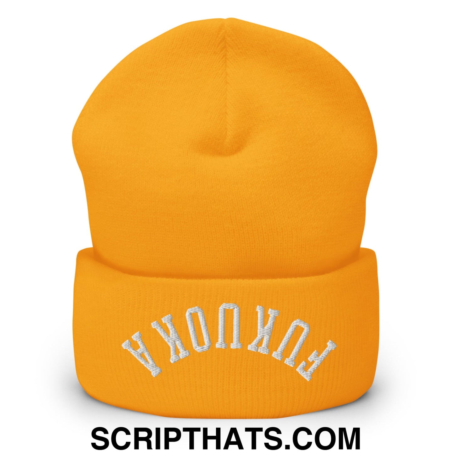 Upside Down Fukuoka Embroidered Cuffed Knit Beanie Gold