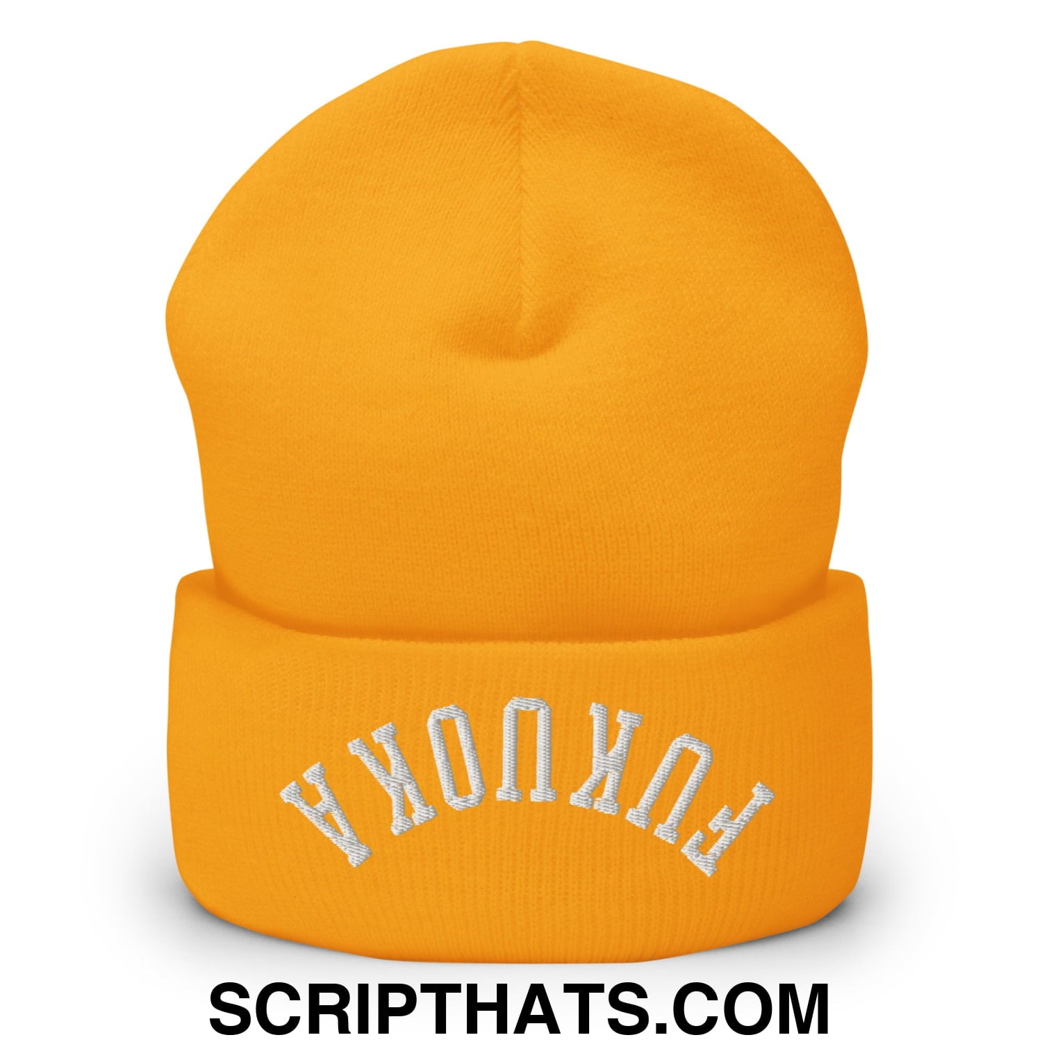 Upside Down Fukuoka Embroidered Cuffed Knit Beanie Gold