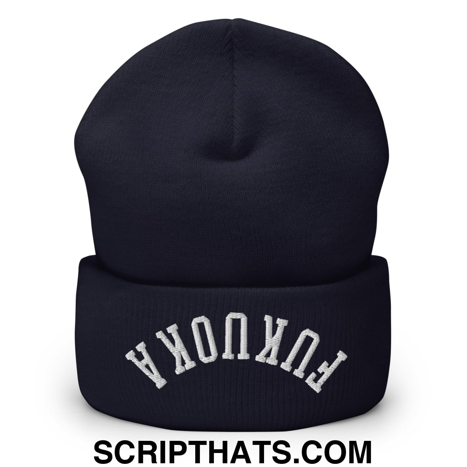 Upside Down Fukuoka Embroidered Cuffed Knit Beanie Navy