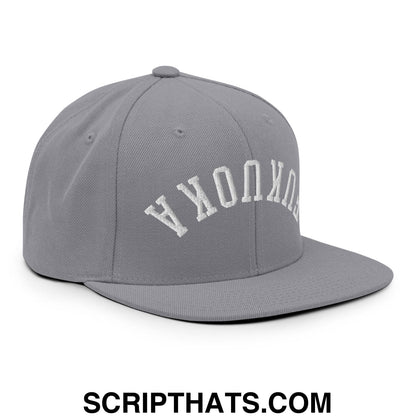 Upside Down Fukuoka Embroidered Flat Bill Brim Snapback Hat Silver