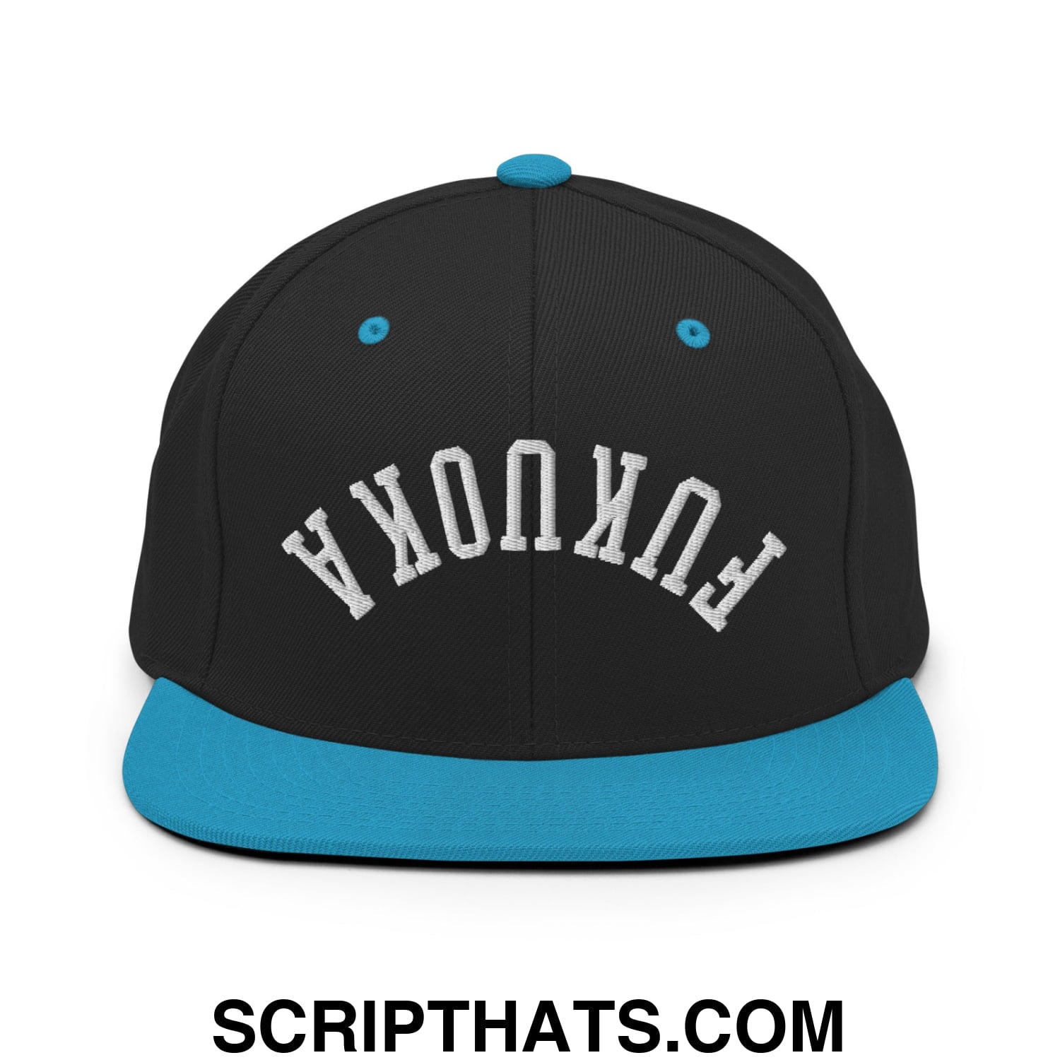 Upside Down Fukuoka Embroidered Flat Bill Brim Snapback Hat Black Teal