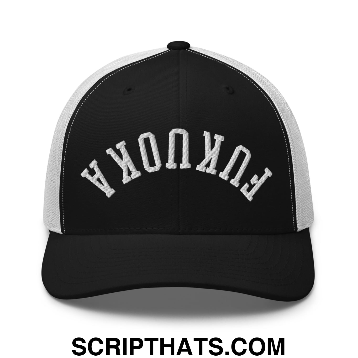 Upside Down Fukuoka Embroidered Mesh Trucker Hat Black White