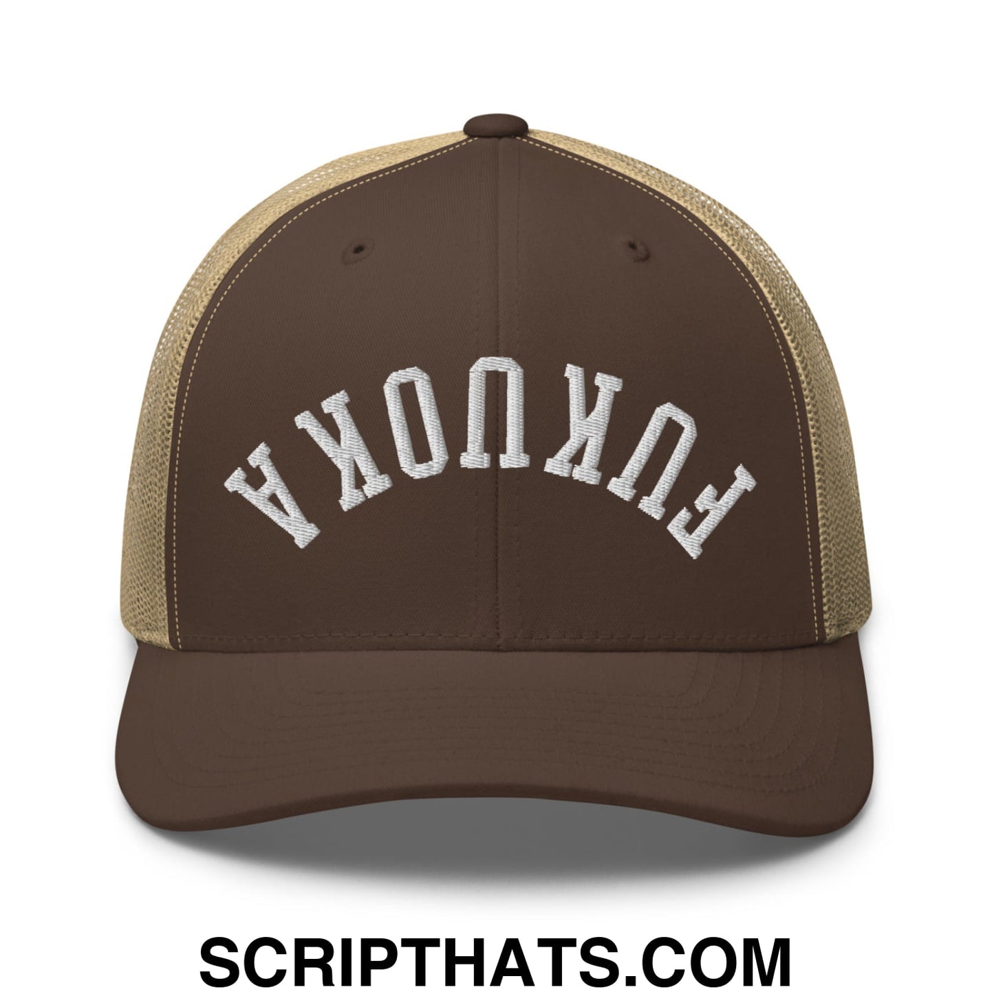Upside Down Fukuoka Embroidered Mesh Trucker Hat Brown Khaki