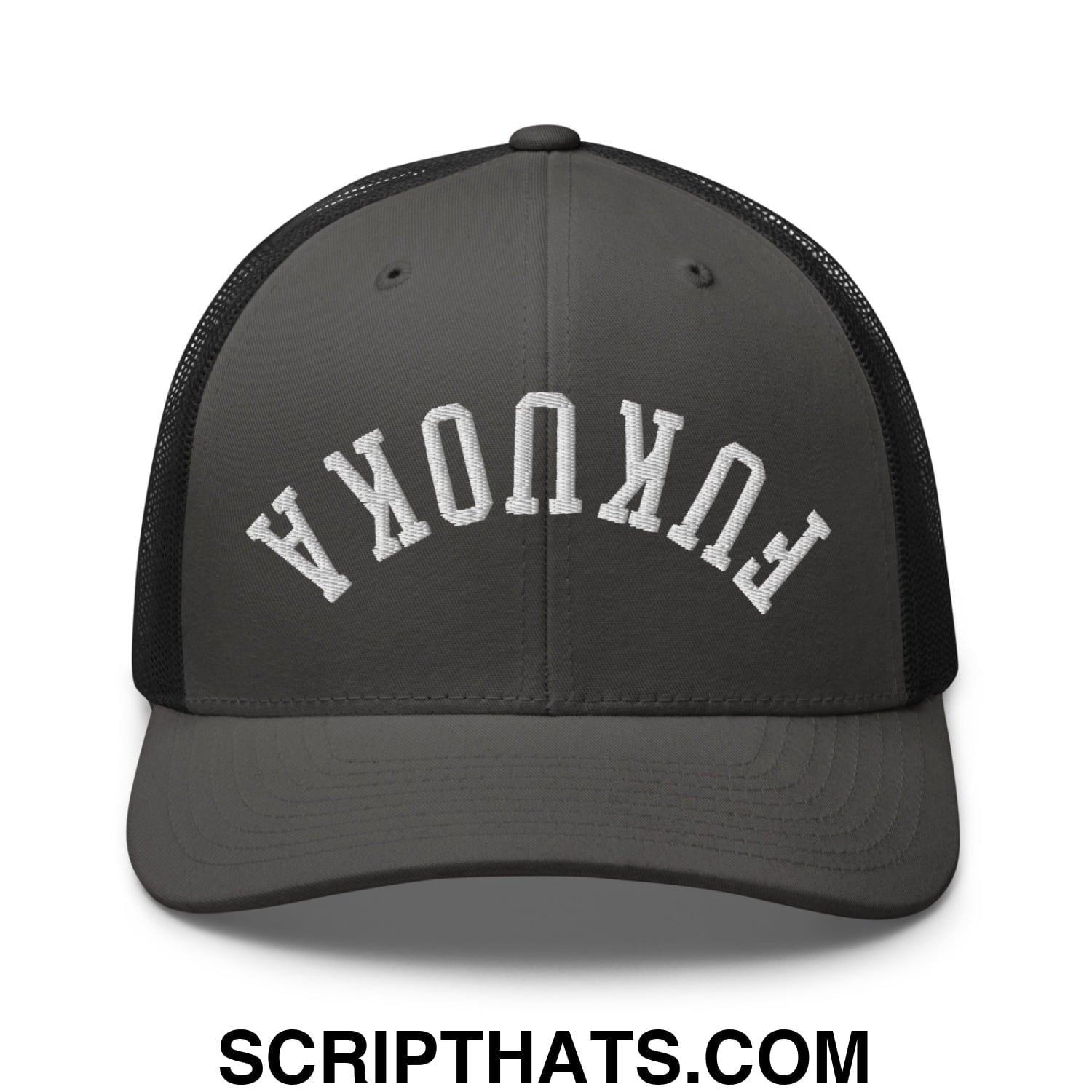Upside Down Fukuoka Embroidered Mesh Trucker Hat Charcoal Black