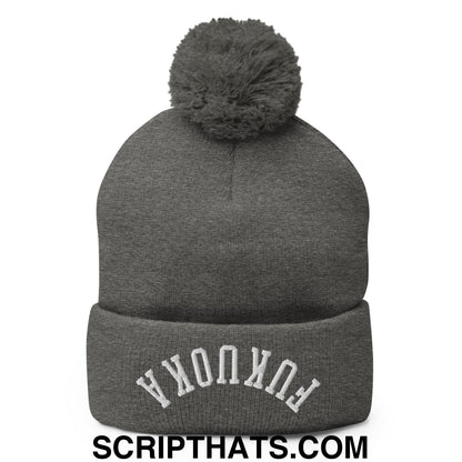 Upside Down Fukuoka Embroidered Pom Pom Knit Beanie Dark Heather Grey