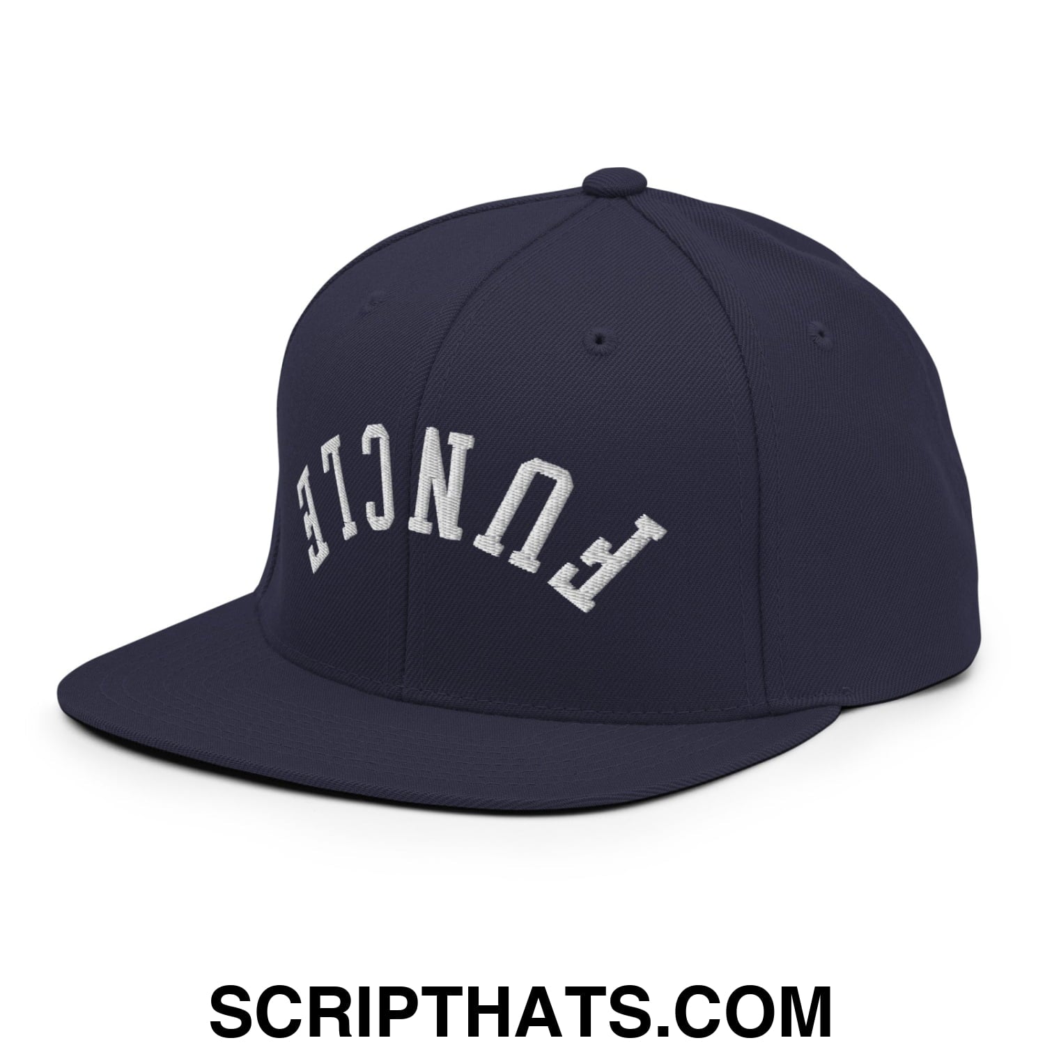 Navy blue flat bill snapback hat with white embroidered funcle lettering in an arched design