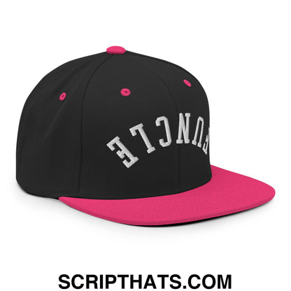 Black and pink snapback cap with white embroidered fencing lettering and flat bill brim from upside down funcle