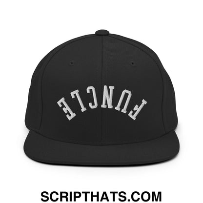 Black snapback cap with white embroidered funcl lettering in an arched design on a flat bill brim hat