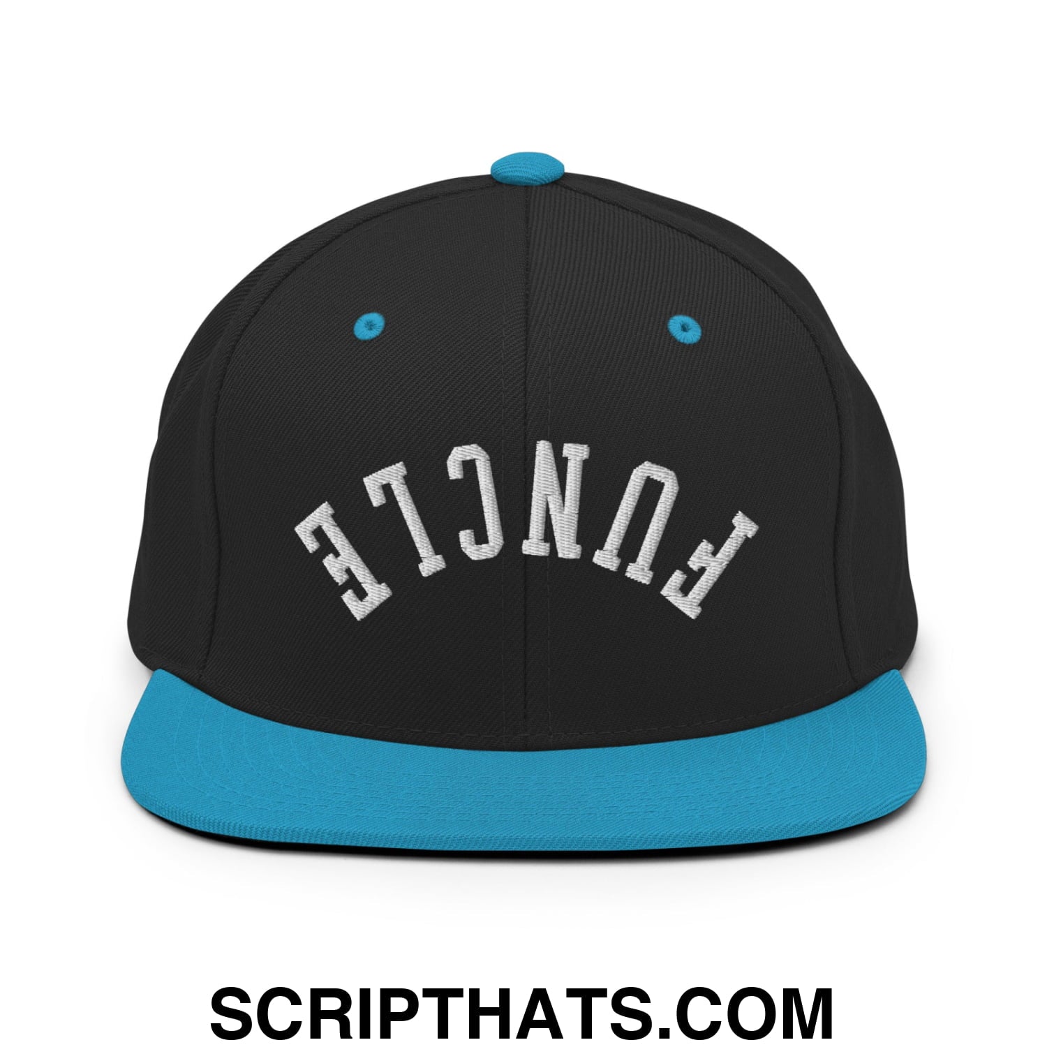 Black snapback hat with teal brim and button featuring white funcle embroidered flat bill brim design