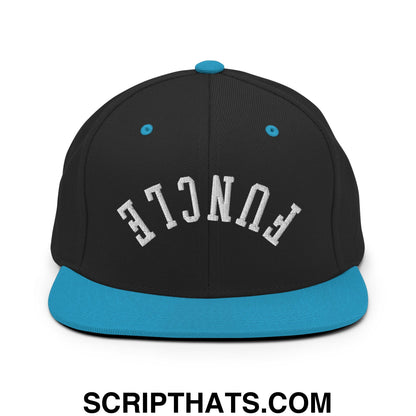 Black snapback hat with teal brim and button featuring white funcle embroidered flat bill brim design