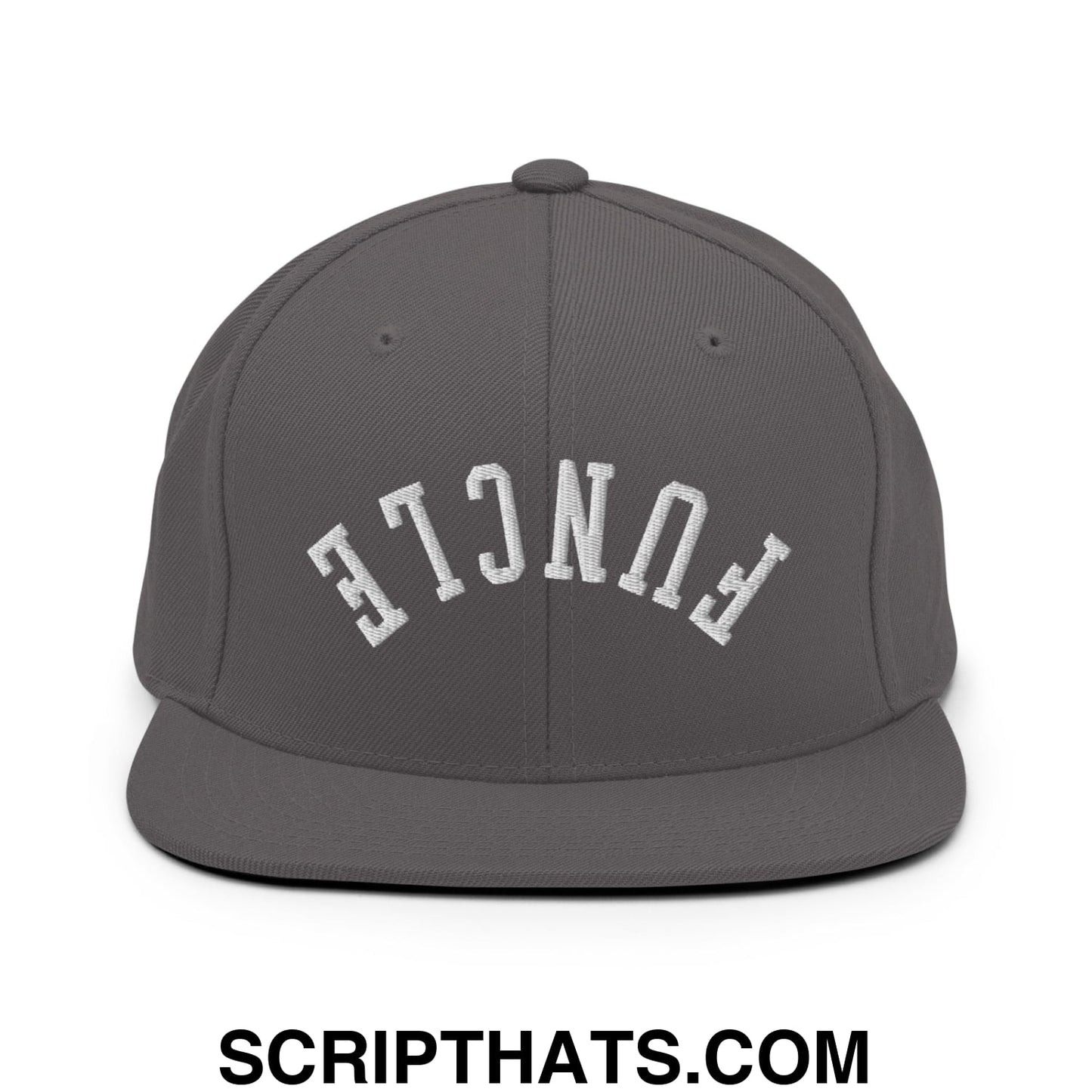 Gray snapback cap with white embroidered funcle lettering in an arched design and flat bill brim