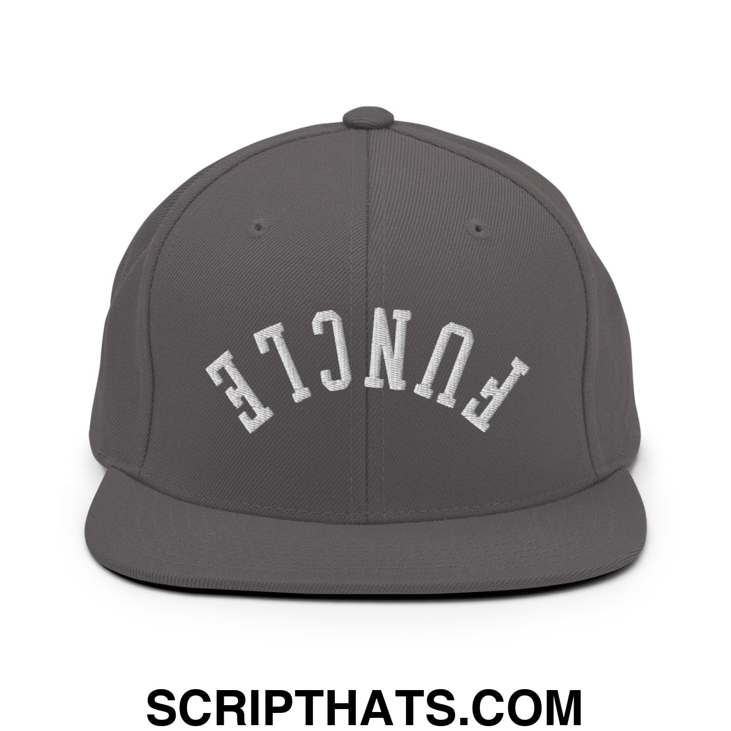 Gray snapback cap with white embroidered funcle lettering in an arched design and flat bill brim