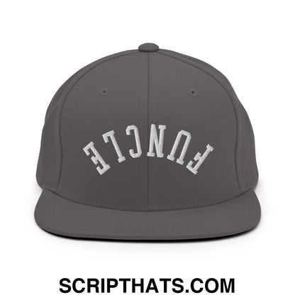 Gray snapback cap with white embroidered funcle lettering in an arched design and flat bill brim