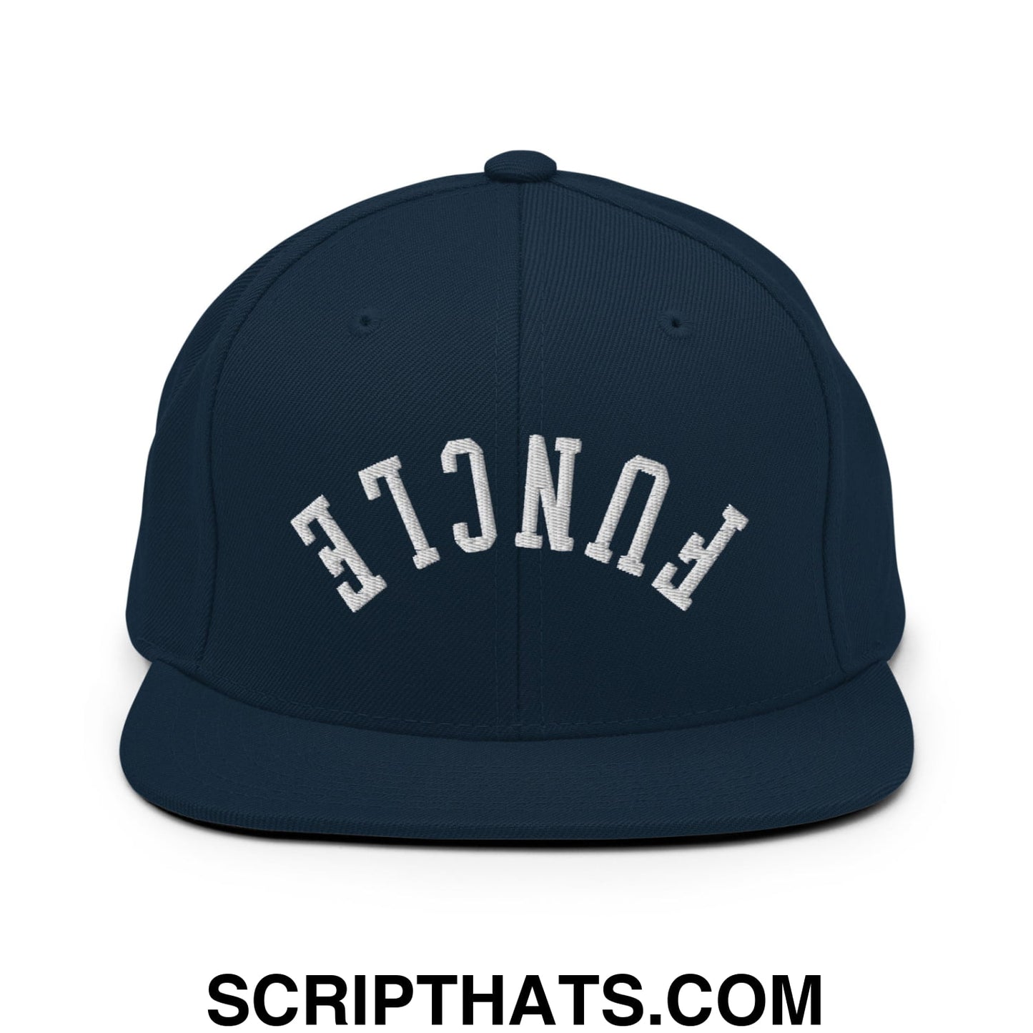 Navy blue snapback hat with white embroidered funcl lettering and flat bill brim in an arched design