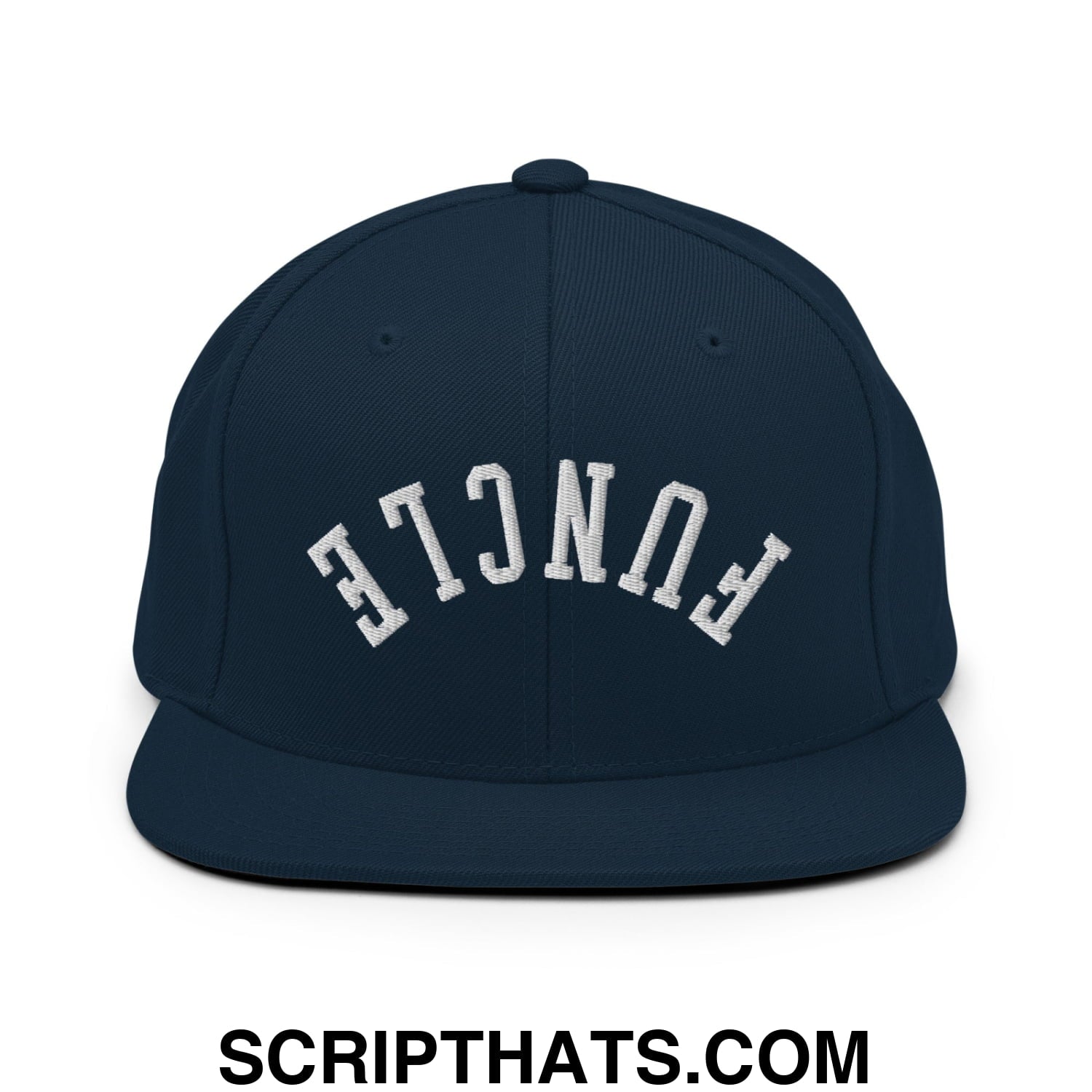 Navy blue snapback hat with white embroidered funcl lettering and flat bill brim in an arched design