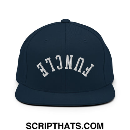 Navy blue snapback hat with white embroidered funcl lettering and flat bill brim in an arched design