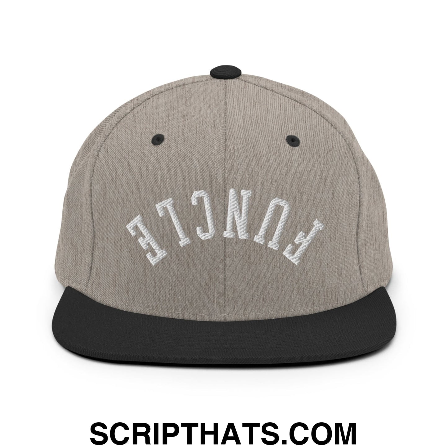 Gray and black snapback cap with white embroidered fence lettering and flat bill brim from upside down funcle collection