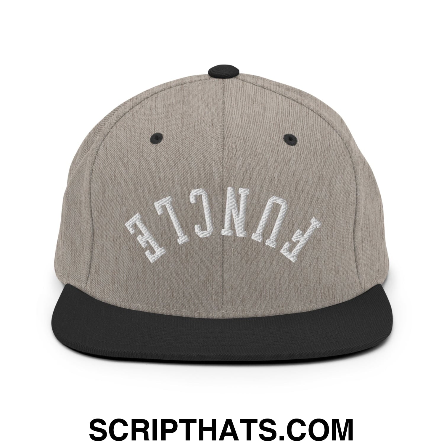 Gray and black snapback cap with white embroidered fence lettering and flat bill brim from upside down funcle collection