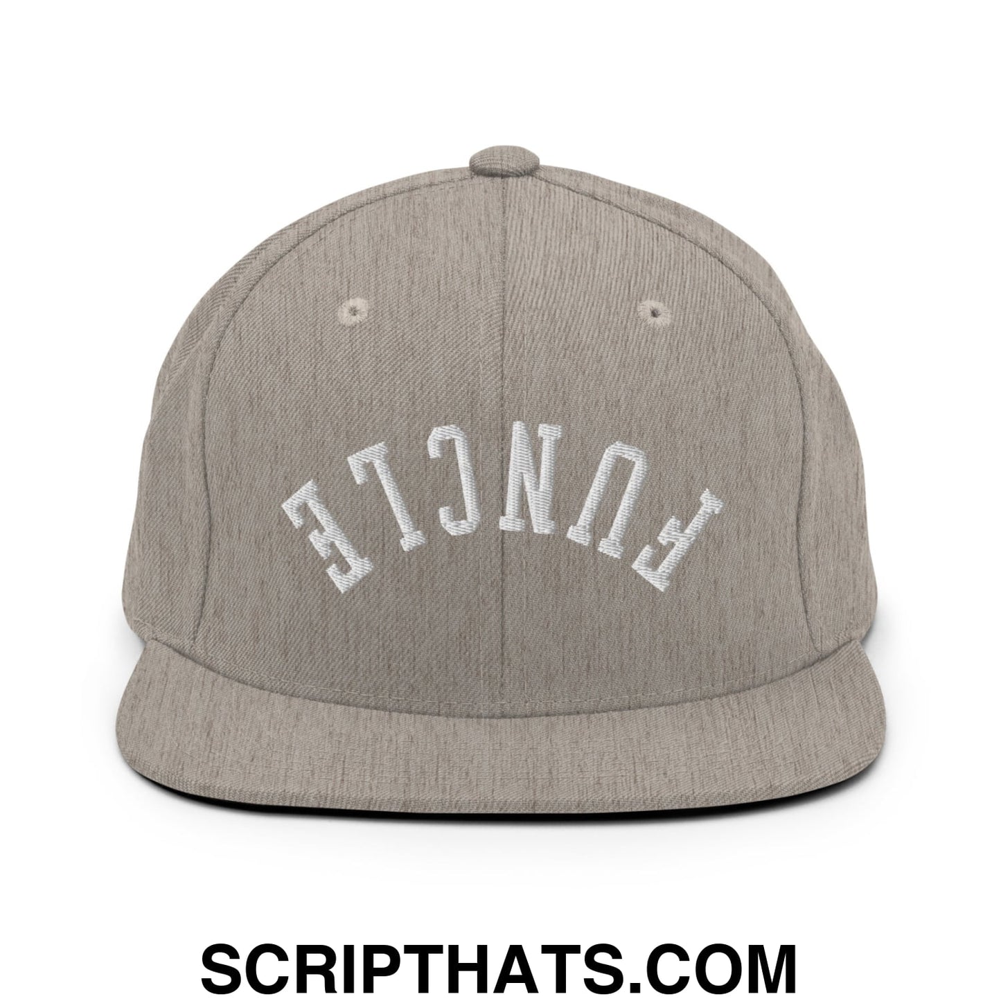 Gray heather snapback cap with white embroidered fence lettering and flat bill brim from upside down funcle collection