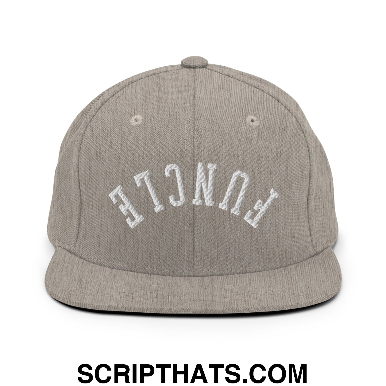 Gray heather snapback cap with white embroidered fence lettering and flat bill brim from upside down funcle collection