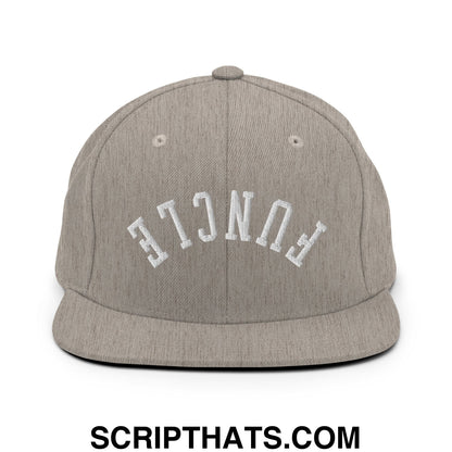 Gray heather snapback cap with white embroidered fence lettering and flat bill brim from upside down funcle collection