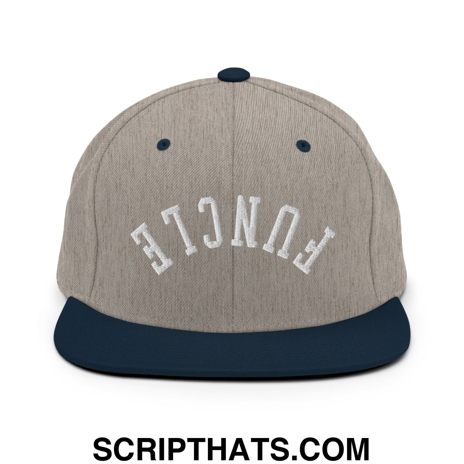 Gray and navy blue snapback cap with fence embroidered in white on the front flat bill brim hat