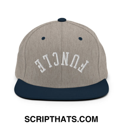 Gray and navy blue snapback cap with fence embroidered in white on the front flat bill brim hat