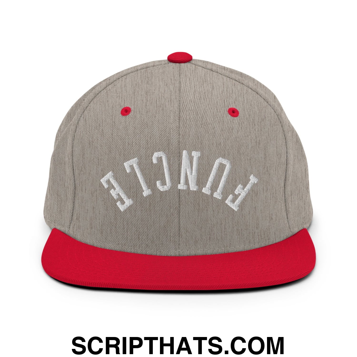 Gray and red snapback hat with flat bill brim embroidered with fence in white arched lettering