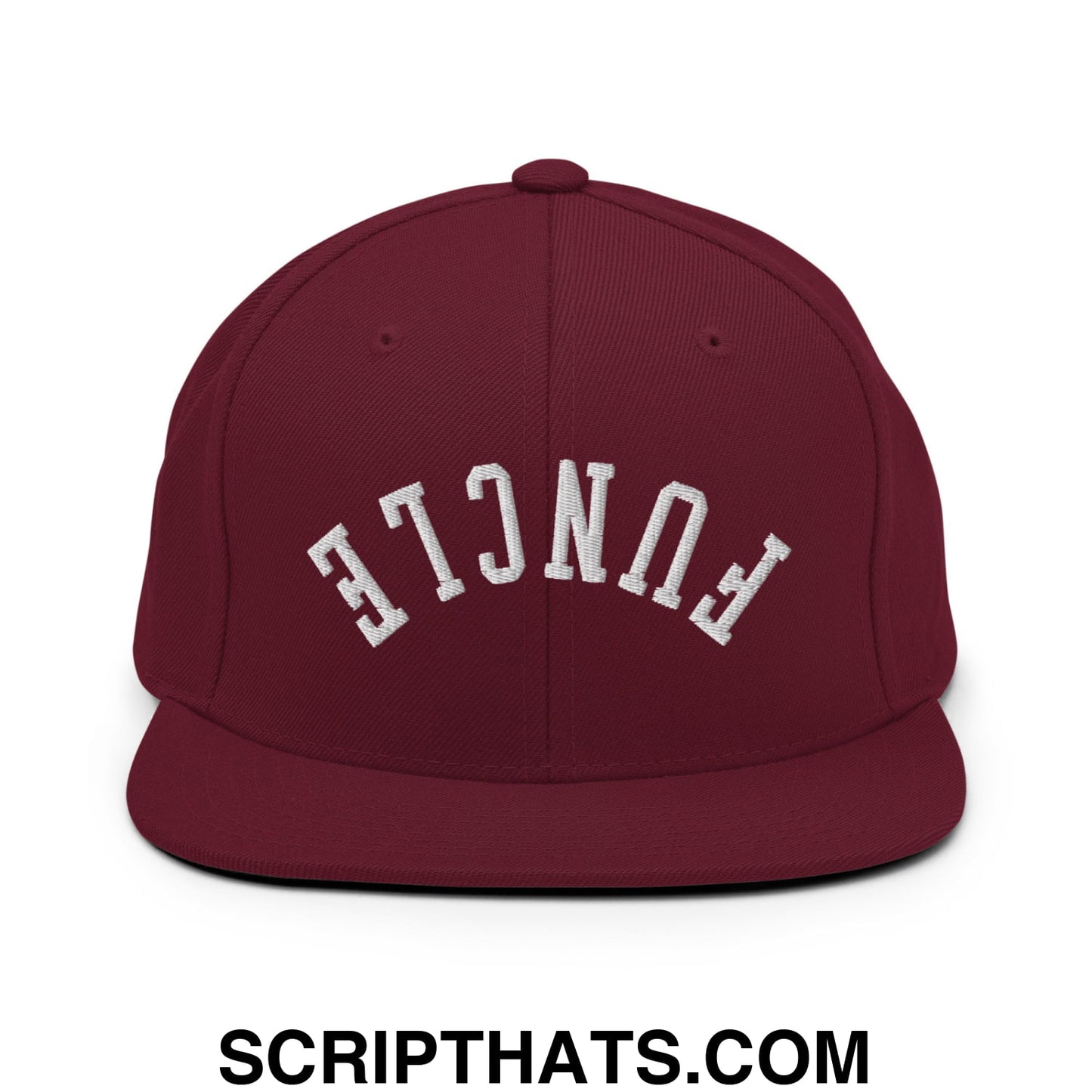 Maroon snapback hat with white embroidered funcle arch design and flat bill brim for casual wear