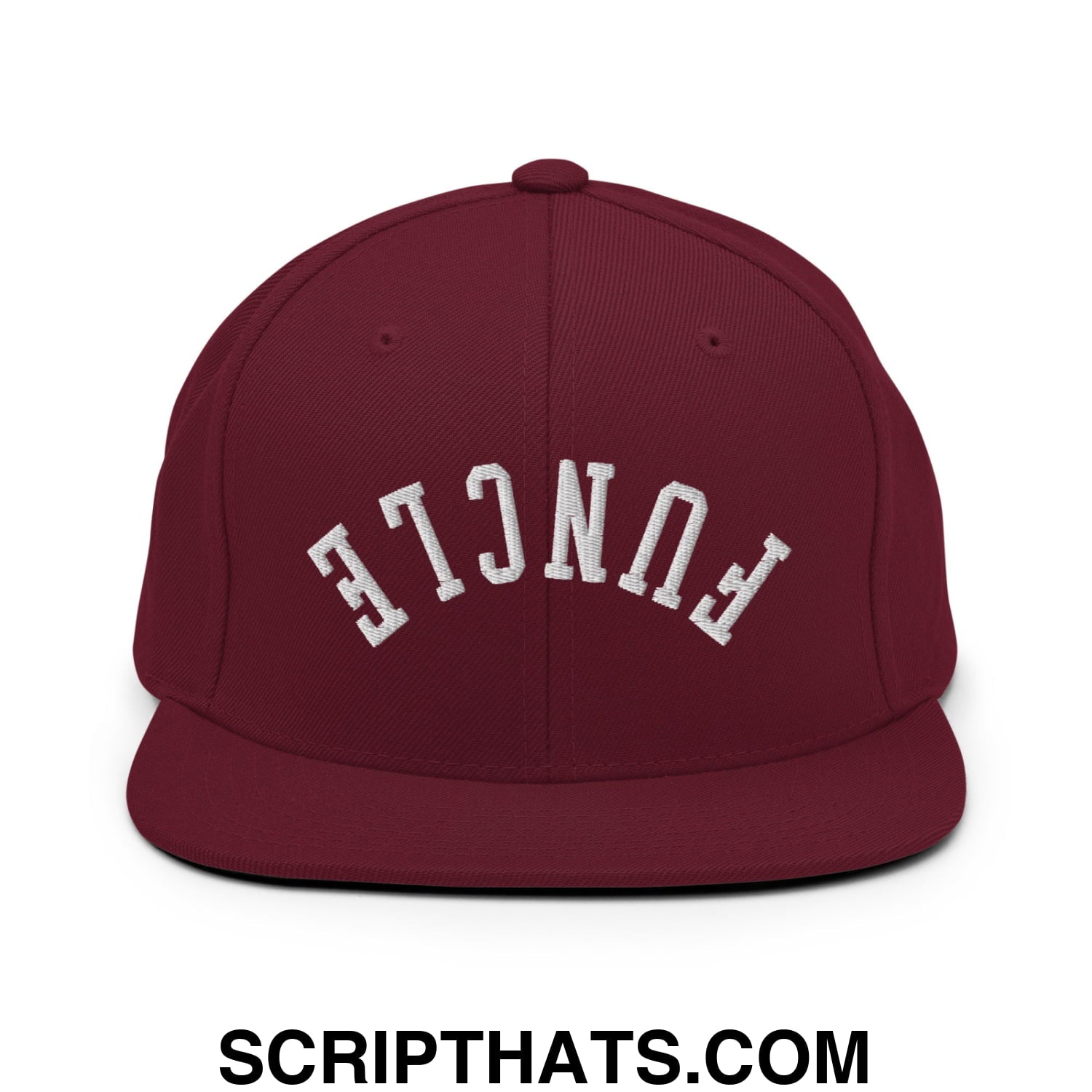 Maroon snapback hat with white embroidered funcle arch design and flat bill brim for casual wear