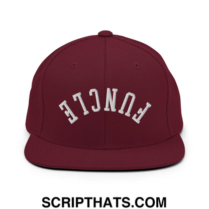 Maroon snapback hat with white embroidered funcle arch design and flat bill brim for casual wear