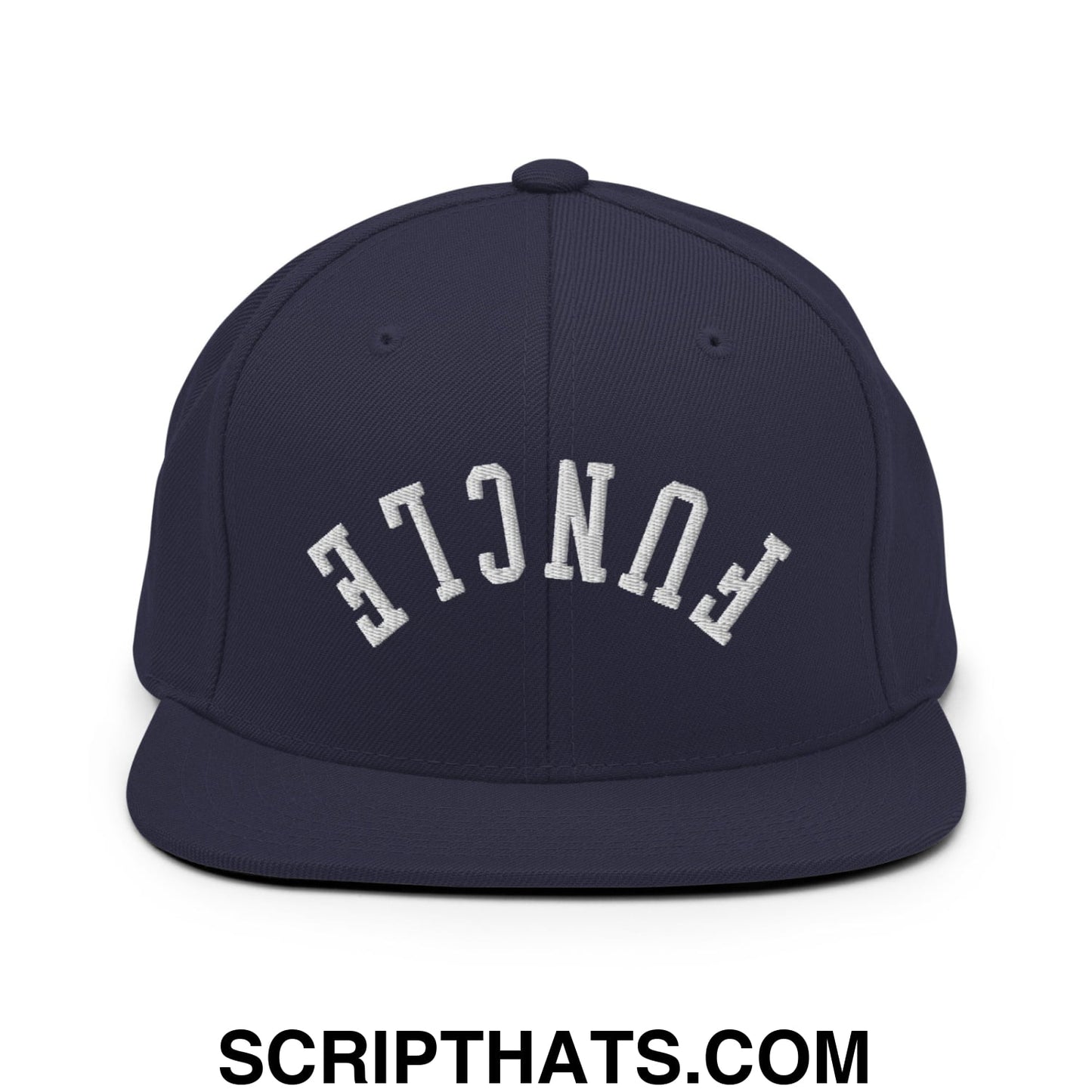 Navy blue snapback hat with white embroidered funcle arch design and flat bill brim perfect for casual wear