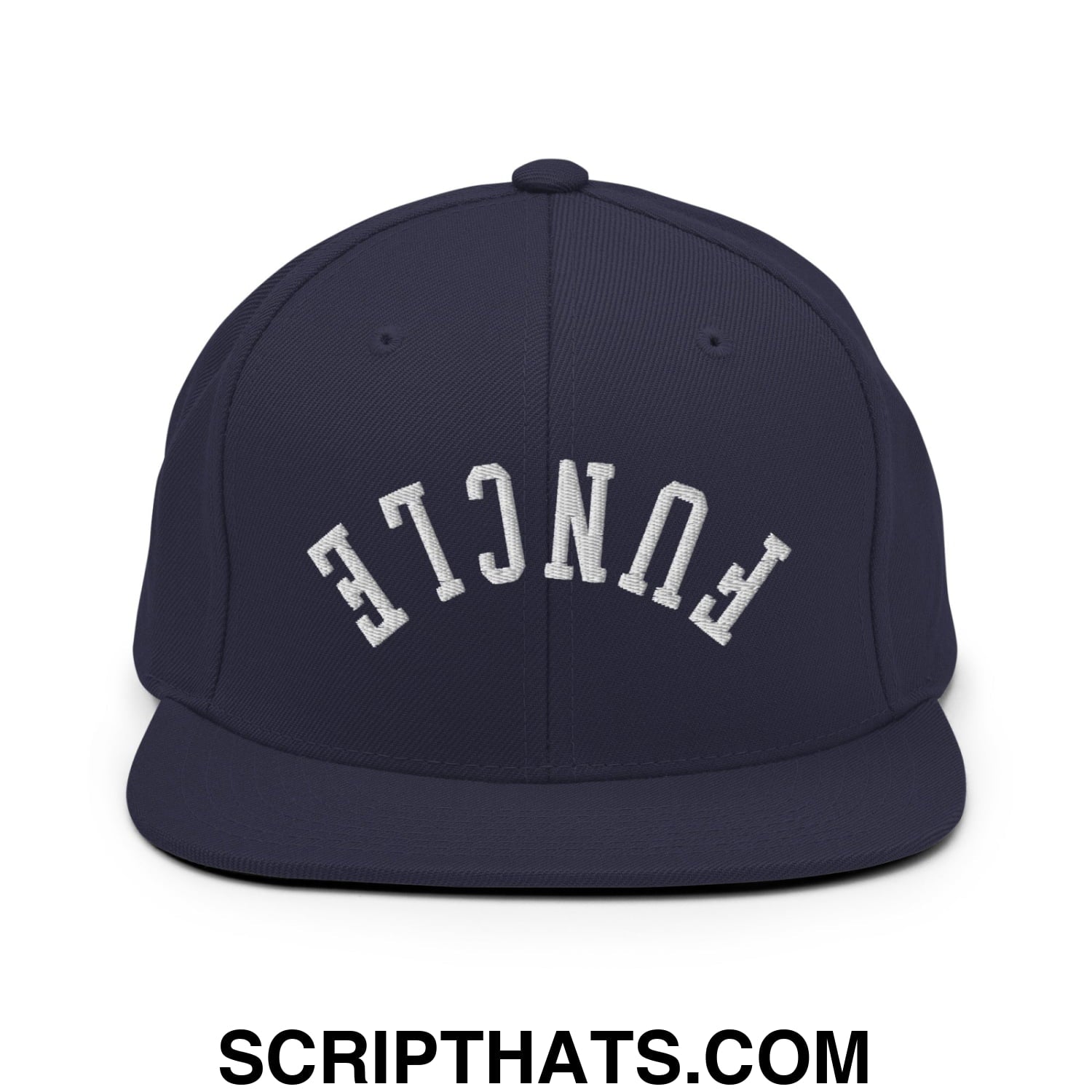 Navy blue snapback hat with white embroidered funcle arch design and flat bill brim perfect for casual wear